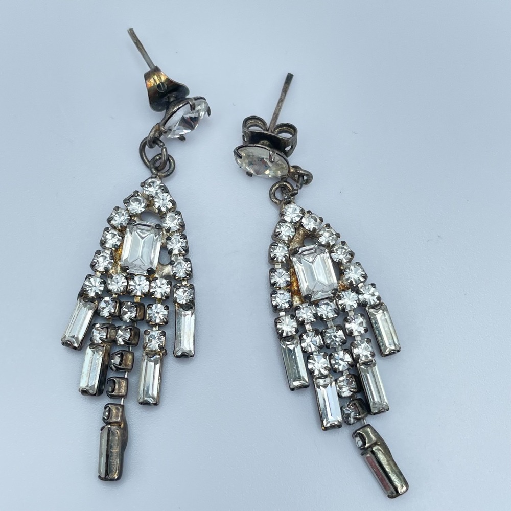 Vintage 80s Silver Tone Dangle Drop Earrings Clear Glass Rhinestone Art Deco